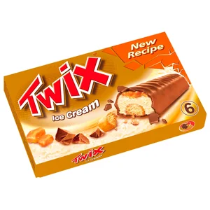 TWIX Barrita de helado de caramelo con trozos de galleta, recubierta de chocolate 6 x 50 ml.