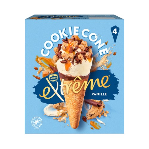 EXTRÈME Cookie de Nestlé Conos de helado de vainilla con salsa de caramelo y tozos de galletas de chocolate 4 x 110 ml.