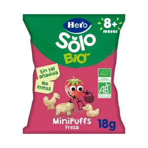 HERO Solo bio Snacks infantiles no fritos de cereales y fresas ecológicos, sin sal añadida, a partir de 8 meses 18 g.