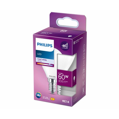 Bombilla Led E14, 6,5W=60W, luz neutra 4000K, 806lm, PHILIPS.