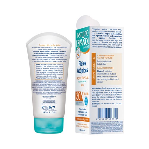 INSTITUTO ESPAÑOL Protector solar facial y corporal para pieles atópicas con FPS 30 (alto) 150 ml.