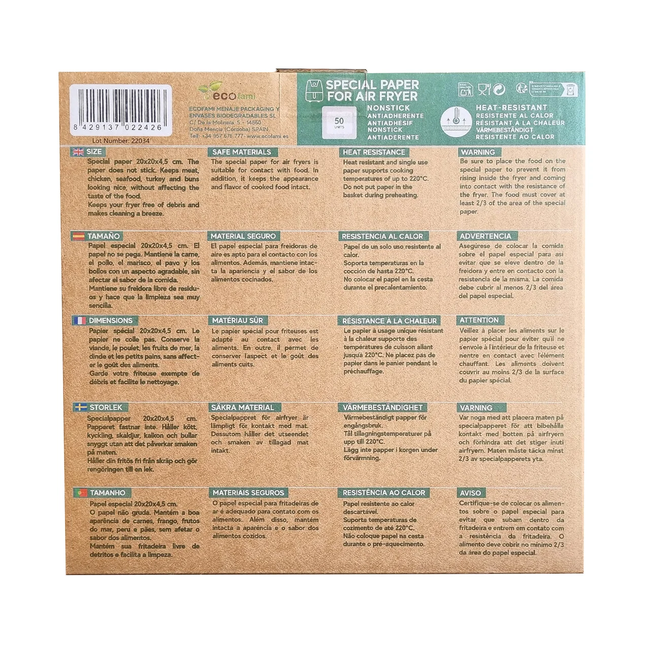 FAMI Papel especial de freidoras aire 20x20x4,5 Ecofami 50 un,