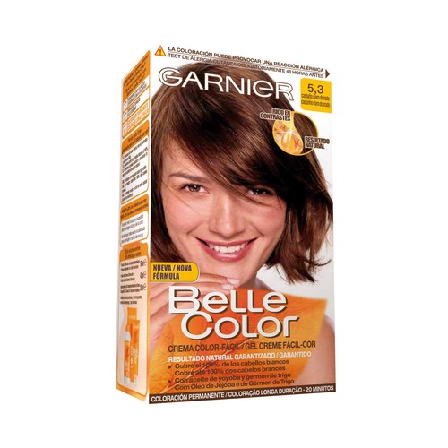 Tinte de pelo color castaño claro dorado, tono 5.3 GARNIER Belle color.