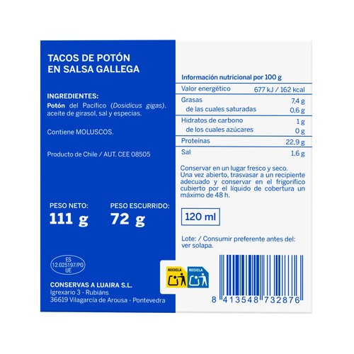 GRANDES HOTELES Tacos de potón en salsa gallega 72 g.