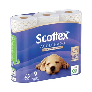 SCOTTEX Acolchado Papel higiénico de triple capa 9 rollos.