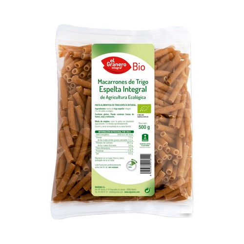 Pasta macarrones ecológicos integrales con espelta ECOCESTA 500 g.