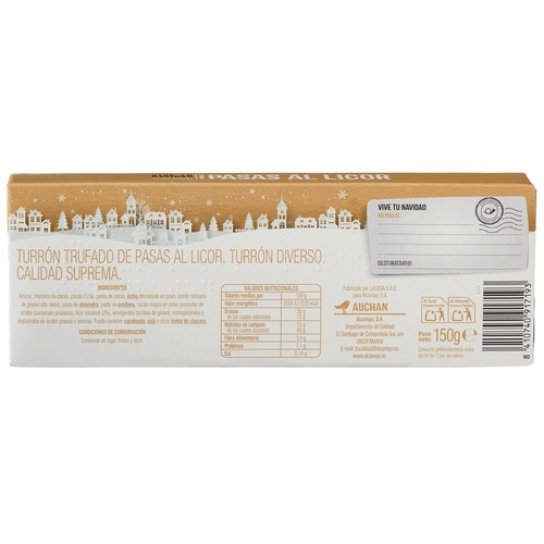 PRODUCTO ALCAMPO Turrón praliné con pasas y licor 150gr