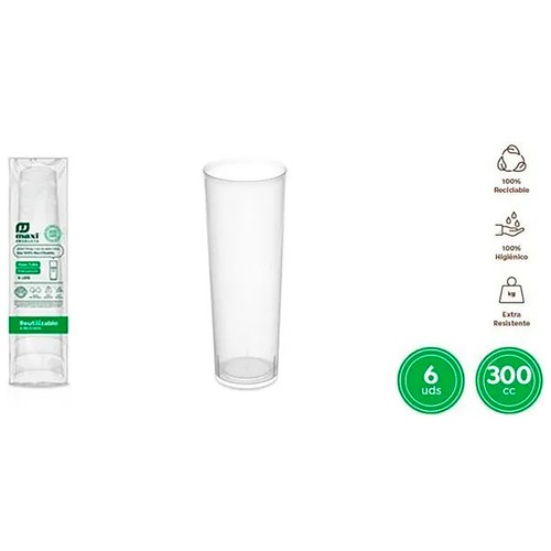 Pack de 6 vasos de tubo de plastico reutilizable transparente de 300CC, MAXI