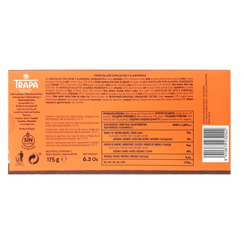 TRAPA Chocolate con leche y almendras enteras 175 g.
