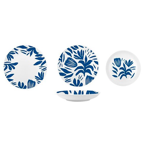 Vajilla de porcelana de 18 piezas, diseño de flores azules, ALCAMPO.