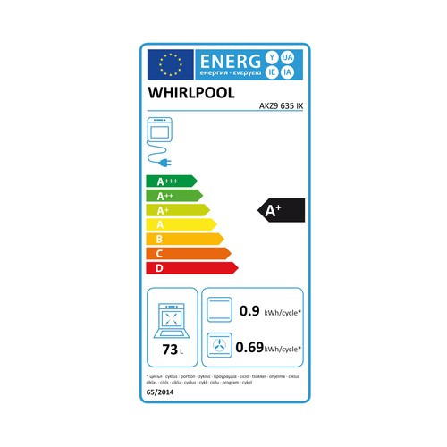 Horno multifunción WHIRLPOOL AKZ9 635 IX inox, capacidad: 73L, A+, autolimpieza pirolítica, A: 60cm, H: 60cm, F: 55,1cm.