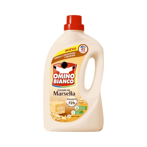 OMINO BIANCO Detergente líquido concentrado con jabón de origen natural y aroma a jabón de Marsella 45 ds 1800ml.