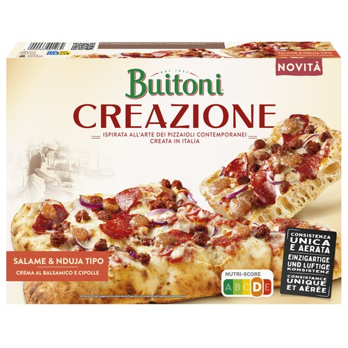 BUITONI Creazione Pizza congelada con salami, carne de cerdo estilo "Nduja" y queso 430 g.