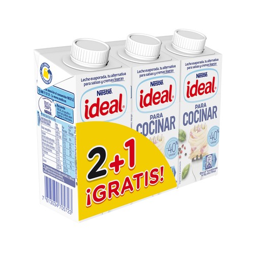 NESTLÉ Leche evaporada, ideal para cocinar NESTLÉ IDEAL 2 + 1 gratis 630 G.