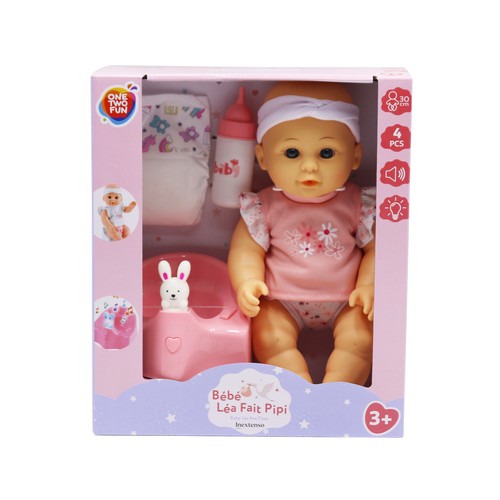 Muñeca bebé Léa que hace pipí, incluye accesorios, 30 cm, ONE TWO FUN.