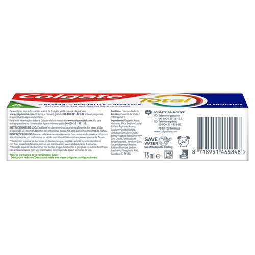 COLGATE Pasta de dientes con protección 8 en 1 y acción blanqueante COLGATE Total blanqueador 75 ml.
