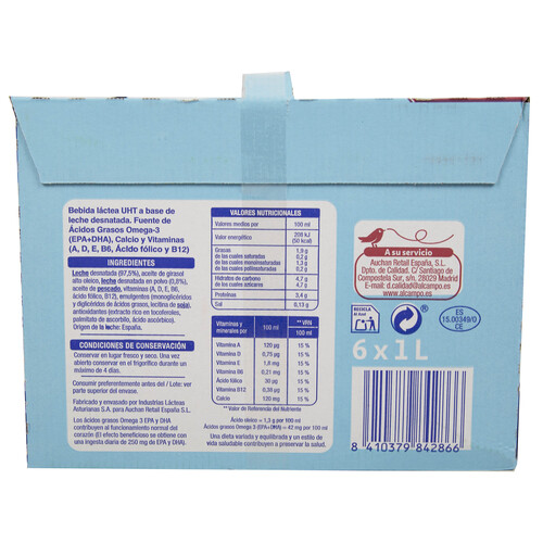 PRODUCTO ALCAMPO Preparado lácteo desnatado, enriquecido con Omega 3 y vitaminas A, D, E, B6 y B12 PRODUCTO ALCAMPO 6 x 1l.