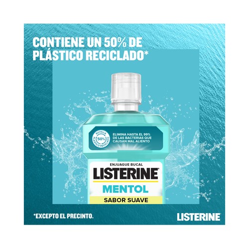 LISTERINE Enjuage bucal de uso diario sin alcohol, con flúor y sabor suave a mentol 250 ml.
