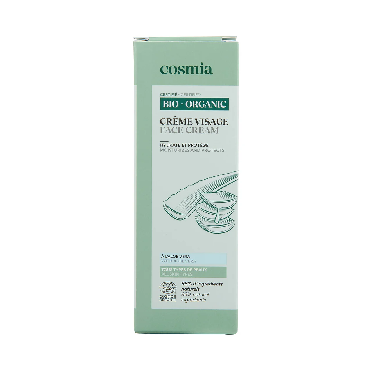 COSMIA Bio Crema facial hidratante con aloe vera ecológico para todo tipo de pieles 50 ml.