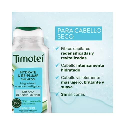 TIMOTEI Champú hidratante con aceite de coco y aloe vera, sin siliconas 300 ml.