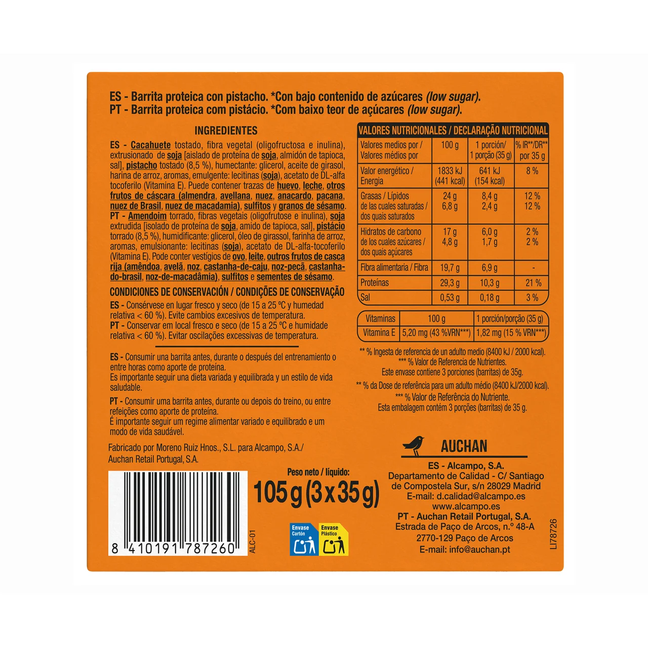 PRODUCTO ALCAMPO Barrita proteica de pistacho 3 uds.105 gr.