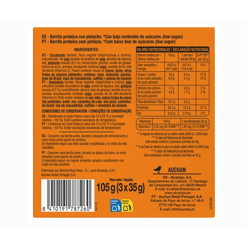 PRODUCTO ALCAMPO Barrita proteica de pistacho 3 uds.105 gr.