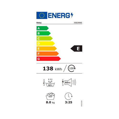 Secadora por condensación con bomba de calor BALAY 3SB288BE, capacidad de secado: 8KG, clasificación energética: A++, H: 84,2cm, A: 59,8cm, F: 64,8cm.