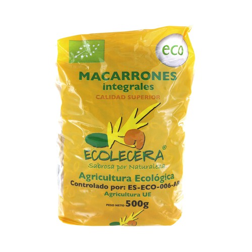Pasta macarrones ecológicos, pasta compuesta integral de calidad superior ECOLECERA 500 g.