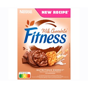 Imagen de NESTLÉ Fitness Copos de trigo integral, arroz y avena integral tostados, recubierto de chocolate con leche 375 g.