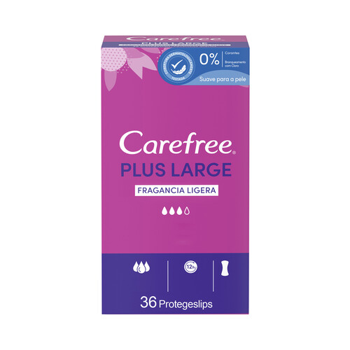 CAREFREE Salvaslips extra largos y super absorbentes, con fragancia ligera CAREFREE Plus large 36 uds.