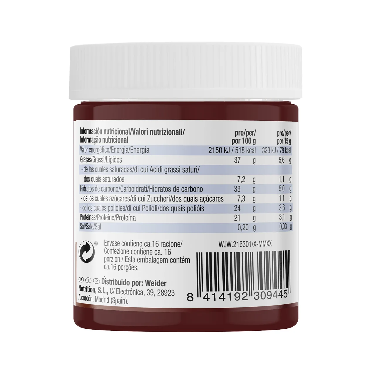 Crema proteica de avellana con concentrado de proteína de lactosuero whey protein 250 g.