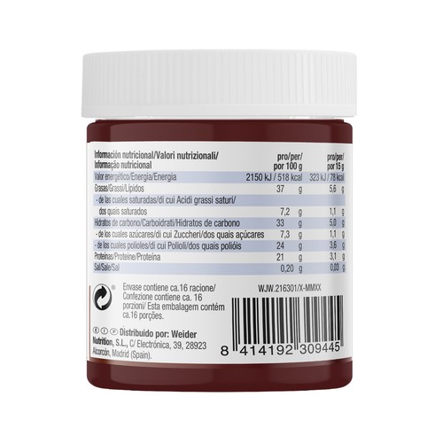 WEIDER Crema proteica de avellana con concentrado de proteína de lactosuero whey protein 250 g.