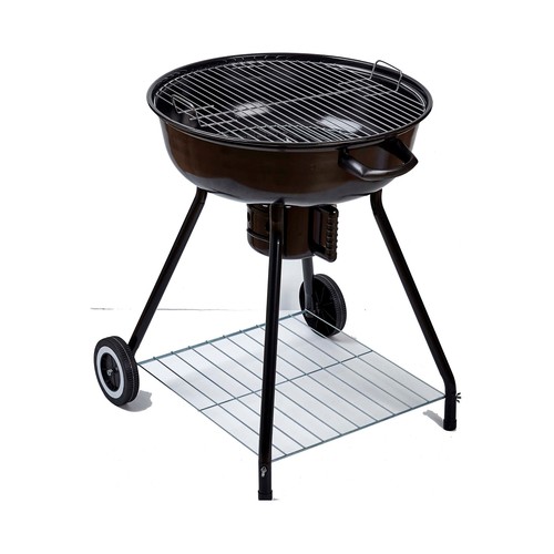 Barbacoa redonda con ruedas y tapa para carbón, 59x24x61cm. GARDENSTAR ALCAMPO.