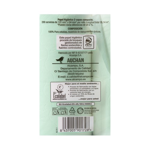 PRODUCTO ALCAMPO Papel higiénico compacto de doble capa con certificado Ecolabel 12 uds.