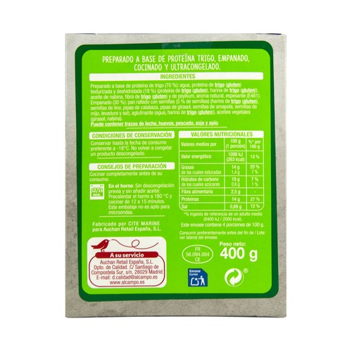 AUCHAN Escalope empanado y congelado a base de proteína de trigo 400 g. Producto Alcampo