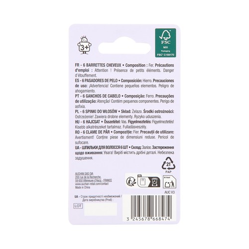 PRODUCTO ALCAMPO Pinza rectangular (pasadores) para cabello con diseño infantil 6 uds.