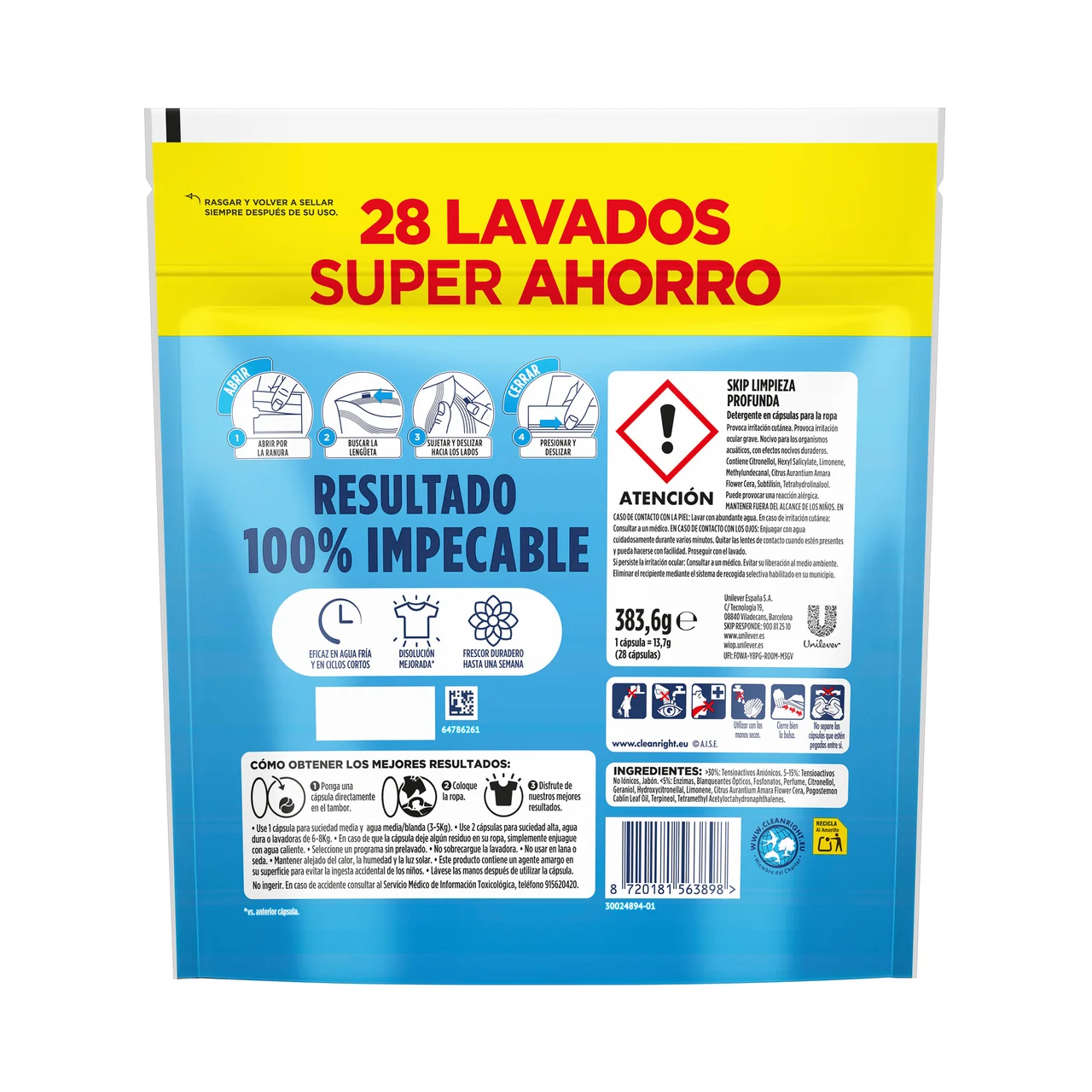 Active Clean Detergente en cápsulas para lavadora doble acción 28 uds.