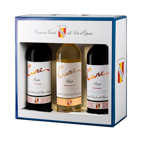 Estuche con botellas (2) de vino tinto crianza y botella de vino blanco con DOC Rioja CUNE.