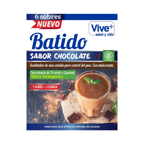VIVE+ SALUD Y VIDA Batido sustitutivo sabor chocolate, con extracto té verde y guaraná VIVE + SALUD Y VIDA 180 g.