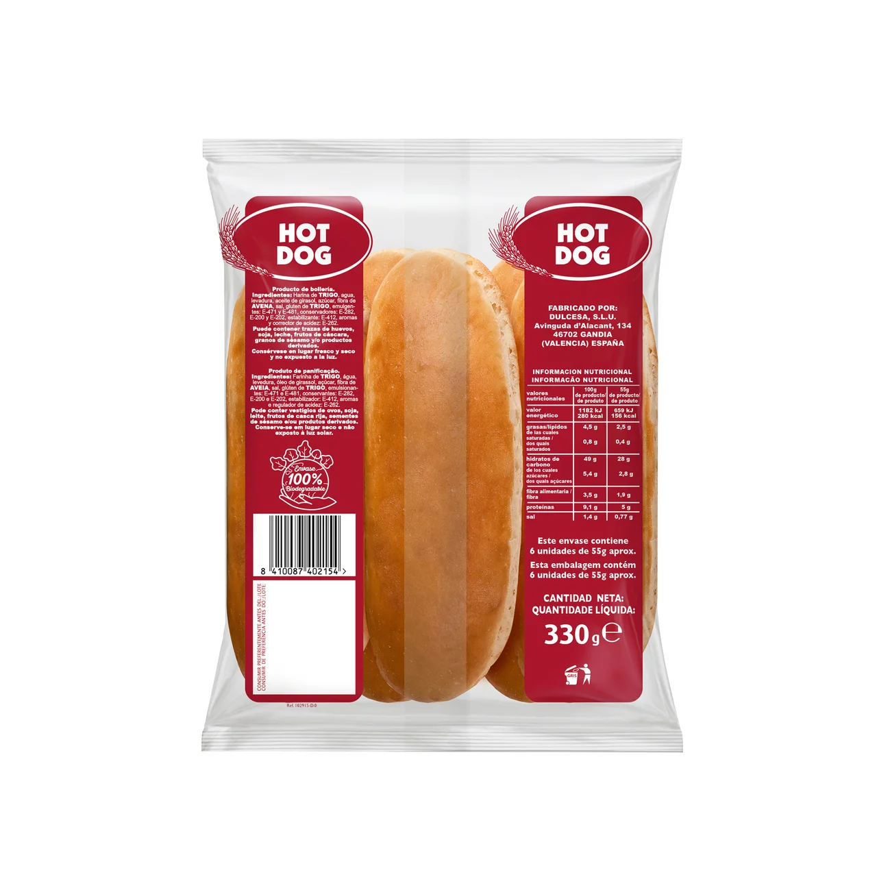 Pan para perritos calientes (Hot Dog) 6 uds. 330 g.