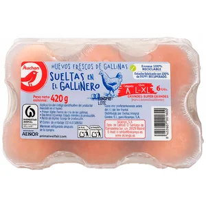 AUCHAN Huevos de gallinas sueltas en el gallinero categoría A y clase L-XL 6 uds. Producto Alcampo.