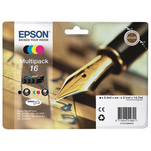 Pack de 4 cartuchos de tinta EPSON 16 negro, cian, magenta y amarillo.