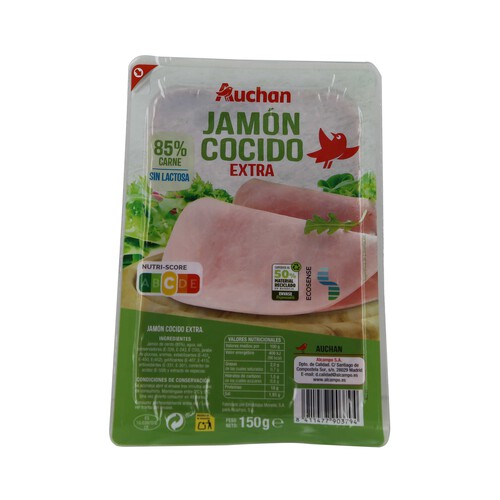 AUCHAN Jamón cocido de categoria extra, cortado en lonchas 150 g. Producto Alcampo