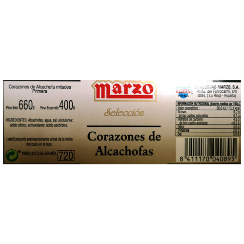 MARZO Alcachofas mitades al natural 400 g.