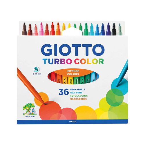 36 rotuladores punta de fibra media y grosor de 2.8mm y tinta de varios colores intensos GIOTTO.