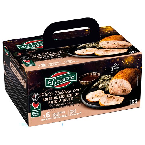 LA CARLOTEÑA Pollo relleno asado al horno y deshuesado relleno con boletus, mousse de pato y trufa 1 kg.