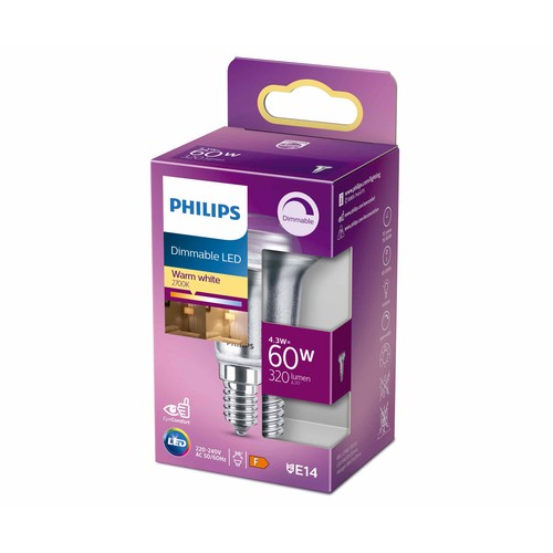 Bombilla Led E14, 4,3W=60W, luz cálida 2700K, regulable, 320lm, PHILIPS.
