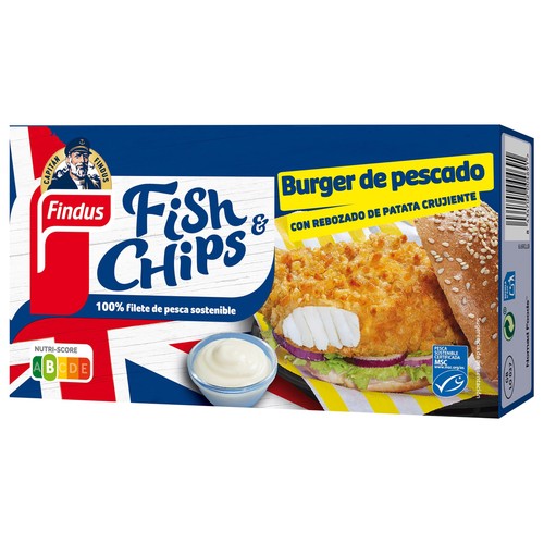 FINDUS Fish & chips Burger de pescado MSC (pesca sostenible certificada) con rebozado de patata crujiente 270 g.