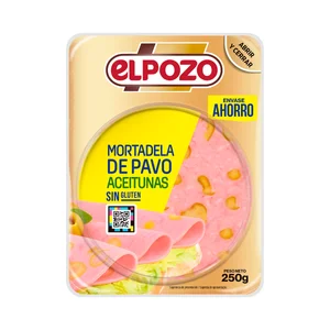 EL POZO Mortadela de pavo con aceitunas, sin gluten, cortada en finas lonchas 250 g.