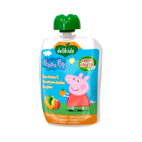 DELIKIDS Peppa pig Bolsita de fruta (manzana, plátano y melocotón) a partir de 6 meses 90 g.